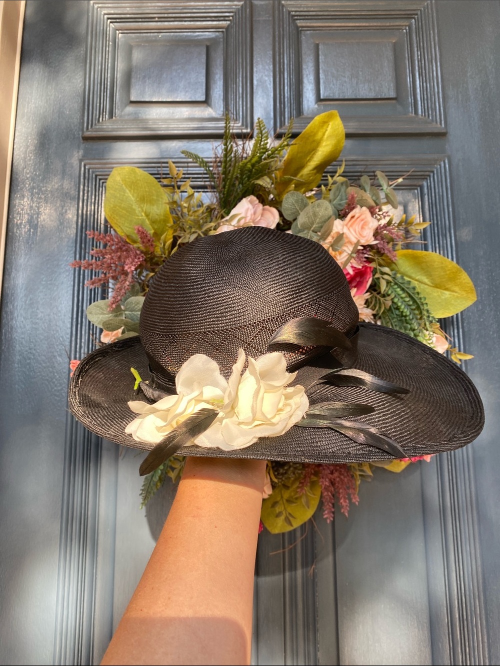 Vintage Miss Bierner Black Wide-Brim Dress Hat with Floral & Feather Accent